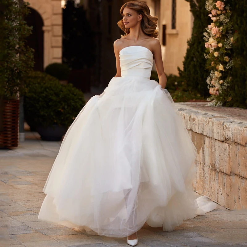 Strapless Sleeveless Bohemian Tulle Princess Beach Wedding Dress