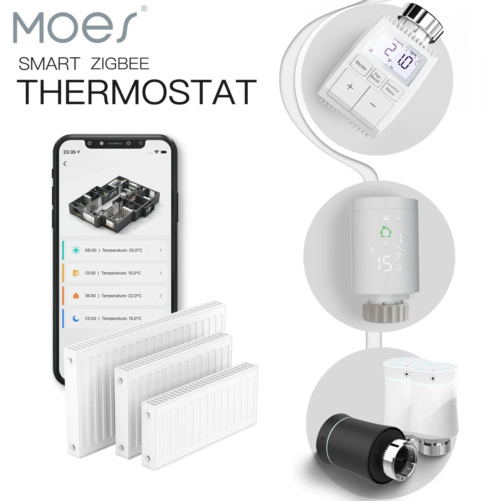 Moes Tuya ZigBee3.0 TRV smart radiator actuator programmable thermostat valve temperature controller 2MQTT Alexa Google Voive