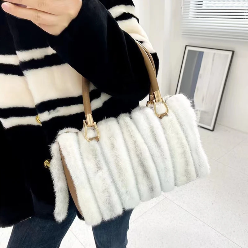 Winter Real Mink Fur Bag Luxury Brown Handbags Women High Quality Crossbody Bag Furry Large Capacity Striped Shoulder Handbag