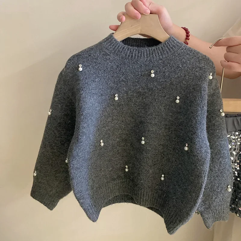 Girls Suit Autumn New Childrens Wear Korean Style Baby Girl Pearl Rhinestone Knit Sweater Sequin Skirt Two-piece Set