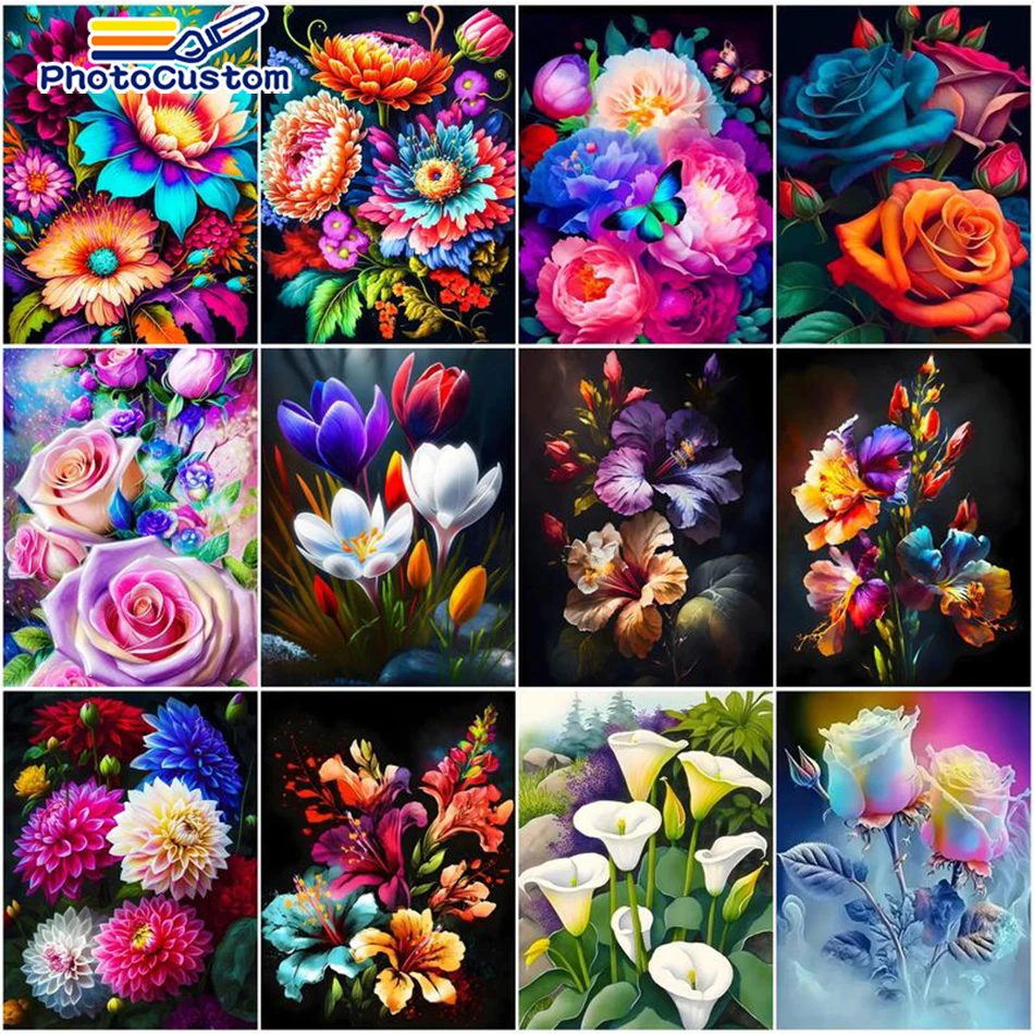 

PhotoCustom DIY Pictures By Number Bloom Flower Kits Home Decor Painting By Number Set Drawing On Canvas HandPainted Art Gift