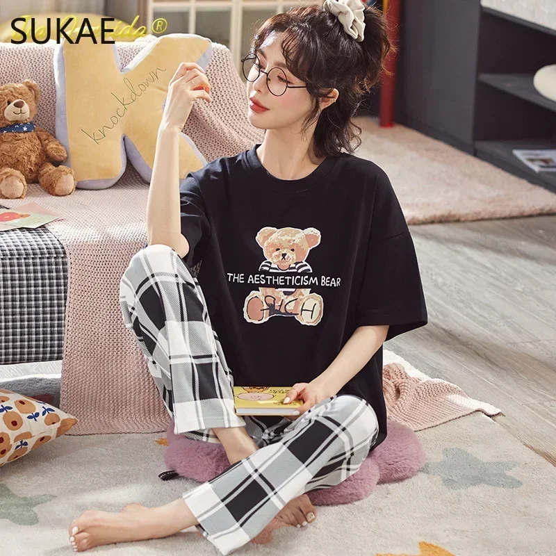SUKAE M-5XL Plus Size Lingerie Cotton Sleepwear Big Size Women's Pajamas Short Sleeve Long Pant Summer Homesuit Soft Pyjamas New - Image 2