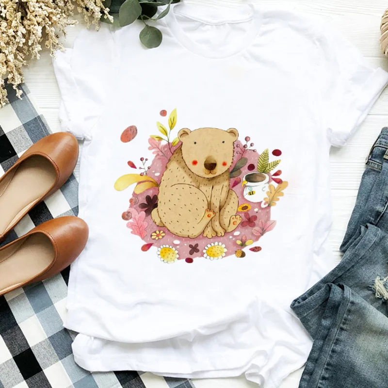 

Женская футболка с мультипликационным мишкой Мишка Футболка с принтом Повседневный Топ футболка Летняя женская повседневная Универсальная футболка с коротким рукавом