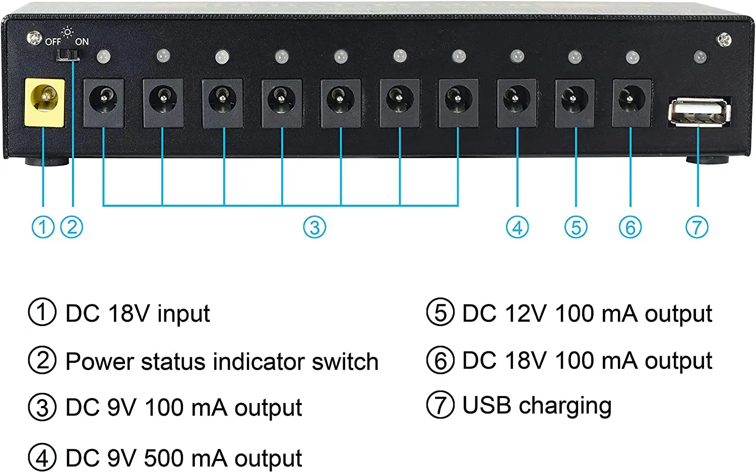 VSN Guitar Pedal Power Supply 10 Isolated DC Output 9V, 12V, 18V 100mA 500mA Bass Effect Pedals with USB Ports Charging Phone