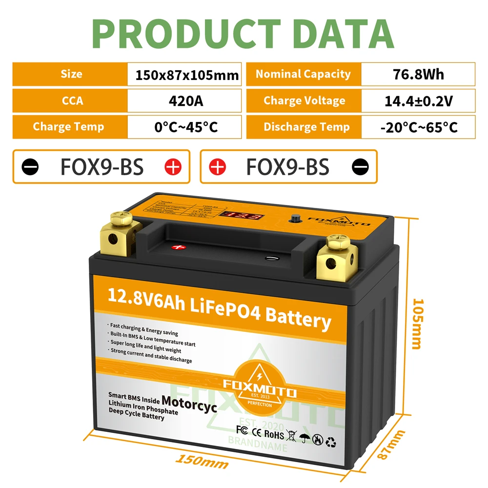 Fox9-Bs 12.8V 76.8Wh Cca 420A Bms Moto Start Batteria 12.8V Litio Ferro Fosfato Scooter Lifepo4 Batterie Ytx9-Bs