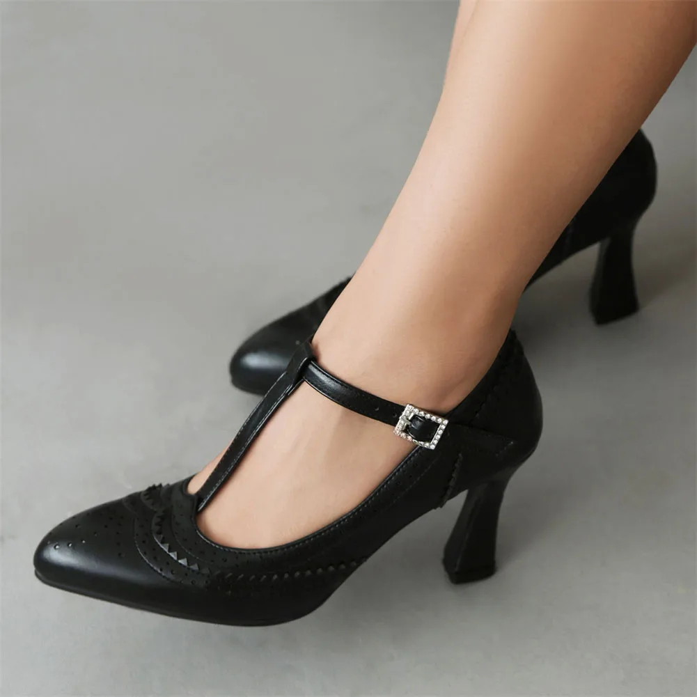 Big Size 43 New Ladies Mary Janes Brogue Pumps Fashion Buckle Solid Thick High Heels women's Pumps Party Office Sexy Woman Shoes