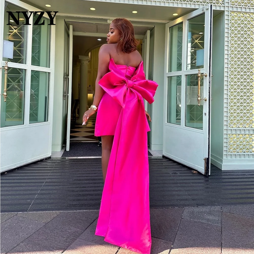 Satin Big Bow Back Hot Pink Cocktail Dresses NYZY C358 Wedding Party Birthday Prom Evening Gown