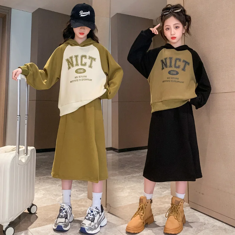 

Spring/Autumn Clothes Girls Teens Children Letters Hooded Sweatshirt Splicing T shirt Tops + Split Skirts 6 8 10 11 12 13 14Year