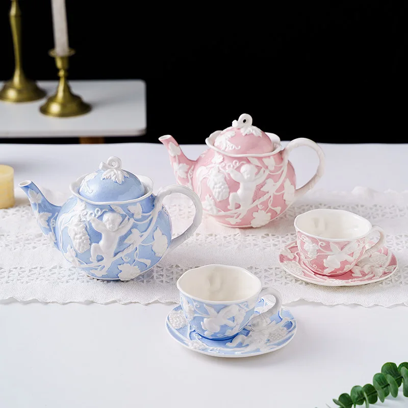 

English tea cup retro relief coffee cup dish kettle set home furnishings European court style afternoon tea tableware