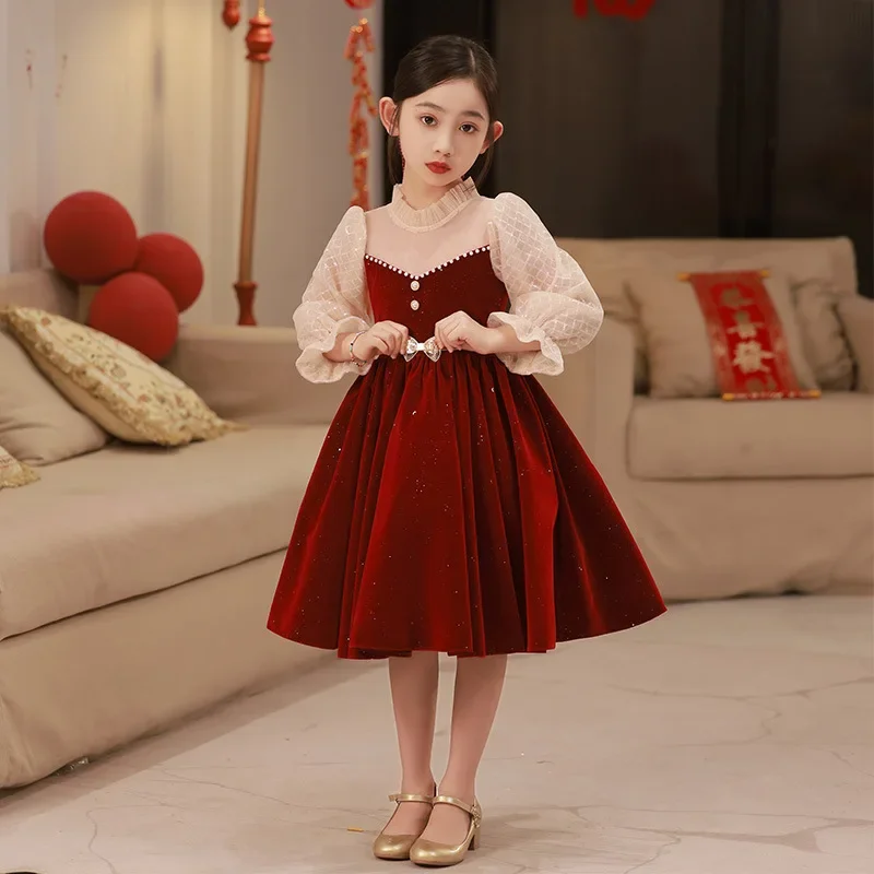 

3-12 14 Years Birthday Dress Baby Girl Autumn Winter Velvet Long-sleeved Flower Girl Wedding Child Princess Dress Party Clothes