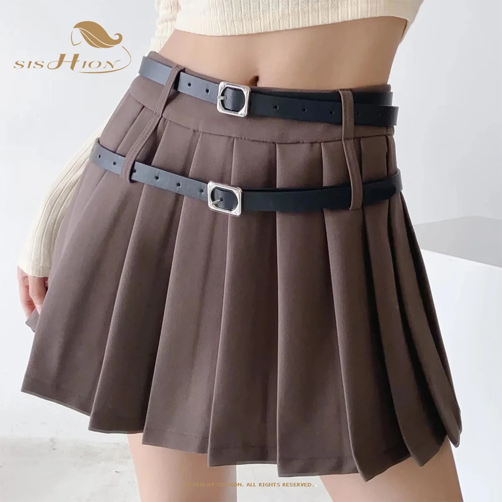 

SISHION 2023 Spring Summer New Mini Skirts VD3691 College Style Double Belts High Waist Short Pleated Skirt