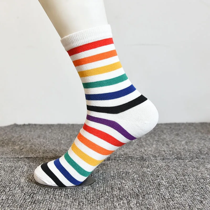 Unisex Rainbow Stripe Cotton Socks - Fashionable Spring/Autumn Set (3 Pairs)