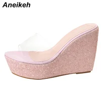 Aneikeh Summer 2026 New Fashion Sequins Transparent Rubber Wedge Heel Thick Sole Sandals for Women 10CM Open Toe Ladies Shoes - Image 5
