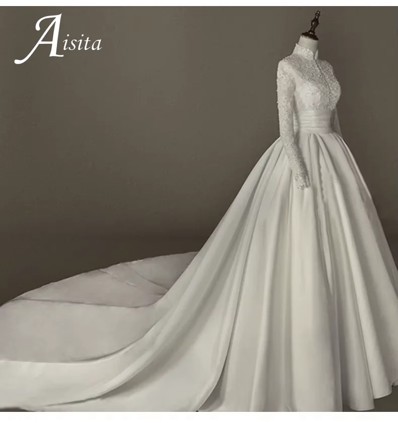A-Line Satin High Neck Long Sleeves 2025 A Line Bridal Gown Appliques Bride Dress Vintage Princess Bridal Gown Customized