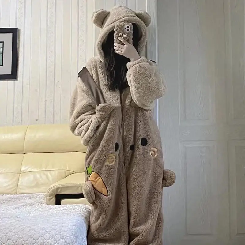 Plus Size Winter Coral Fleece Tuta Pigiama Donna Sleepwear Warm Addensato Onepieces Nightwerar Cute Cartoon Hooded Home Wear