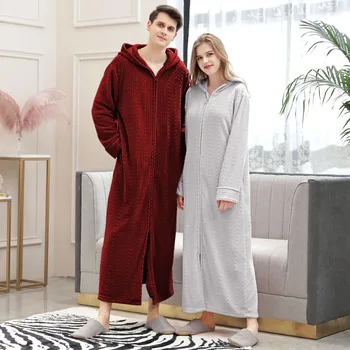 Winter Plus Size Hooded Zipper Long Warm Coral Fleece Bathrobe Women Thermal Flannel Bath Robe Shell Dressing Gown Sleepwear