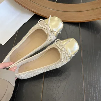 Women's Shoes Autumn New Ballet Shoes Leather Round Head Women's Shoes Flat Casual Classic Breathable Style Ladies Single Shoes 1