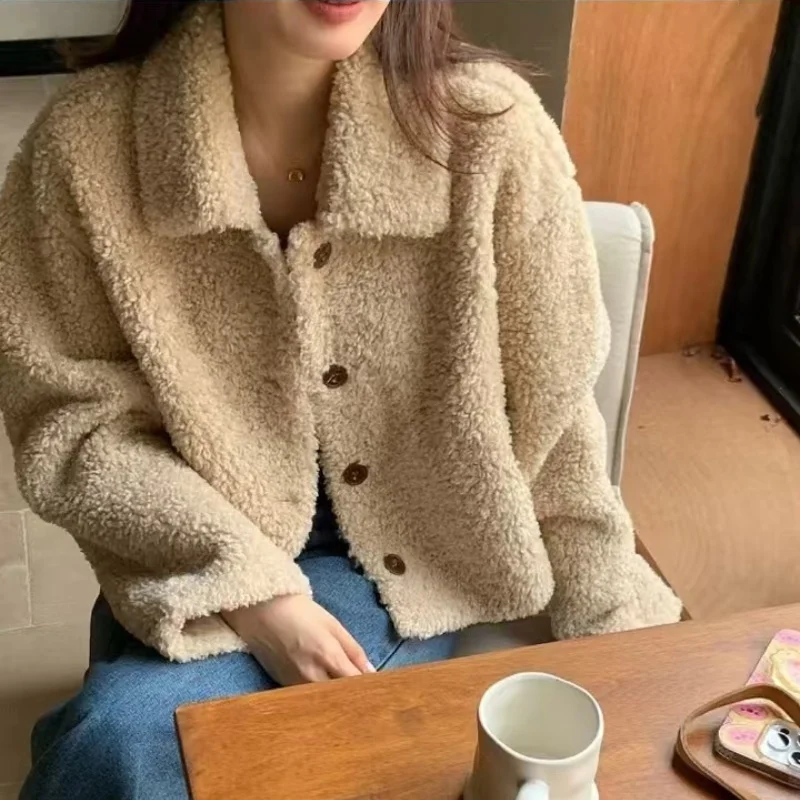 Women Autumn Winter Double Fleece Warm Thicken Jacket Turn-down Single-Breasted Short Outerwear Loose Fashion Casual Overcoat - Image 2