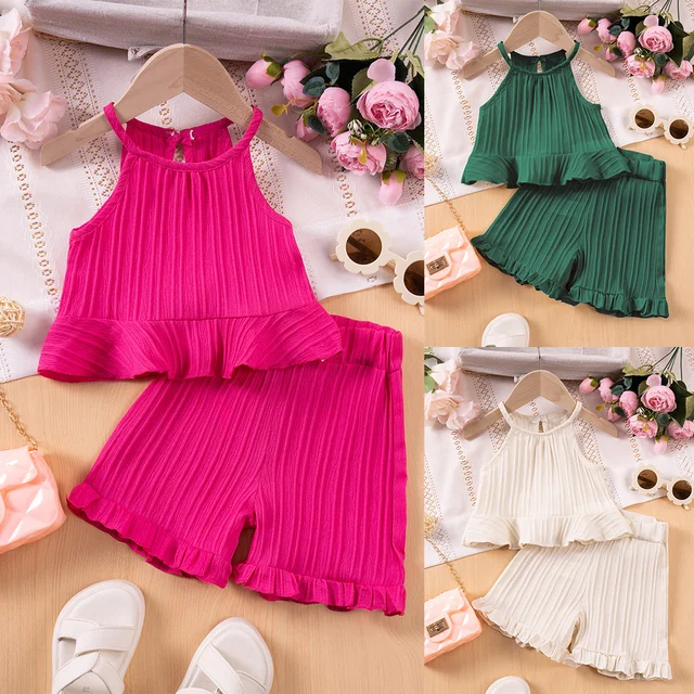 Ensemble deux pièces pour filles, débardeur et short sans manches à volants, couleur unie, à la mode, nouvelle collection 2025 1