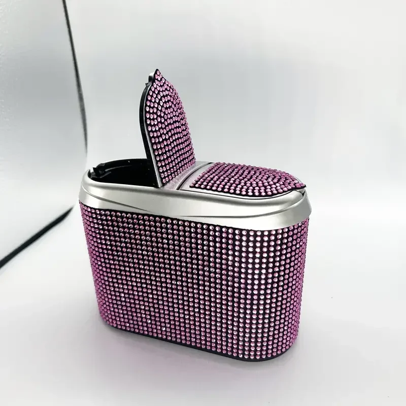 Crystal Mini Car Trash Can Bin with Lid Crystal Bling Hanging Auto Trash Bag Can Auto Garbage Waterproof Bling Car Accessories