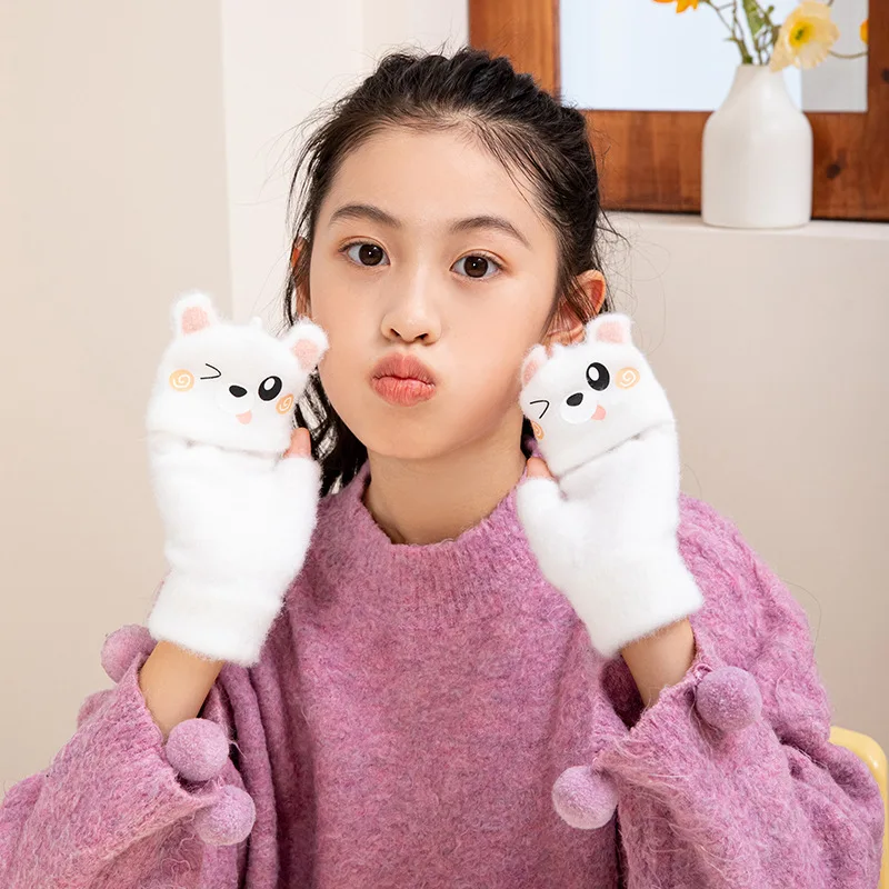 Cute Baby Five-finger Male Breathable New Winter Warm Children Winter Cold Cartoon Half-finger Flip Kids Gloves & Mittens