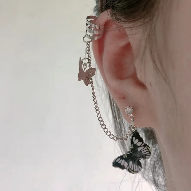 Geometric Butterfly Clip Earring for Teens Women Ear Cuffs Cool Jewelry Retro Chain Long Hanging Earrings Metal Gift 5