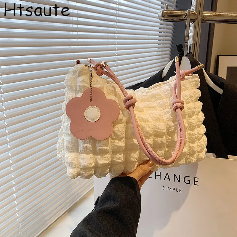 

Plaid Quilted Shoulder Bag Cute Pleated Bubbles Large Capacity Underarm Bag Embroidered Solid Color Crossbody Bag Women