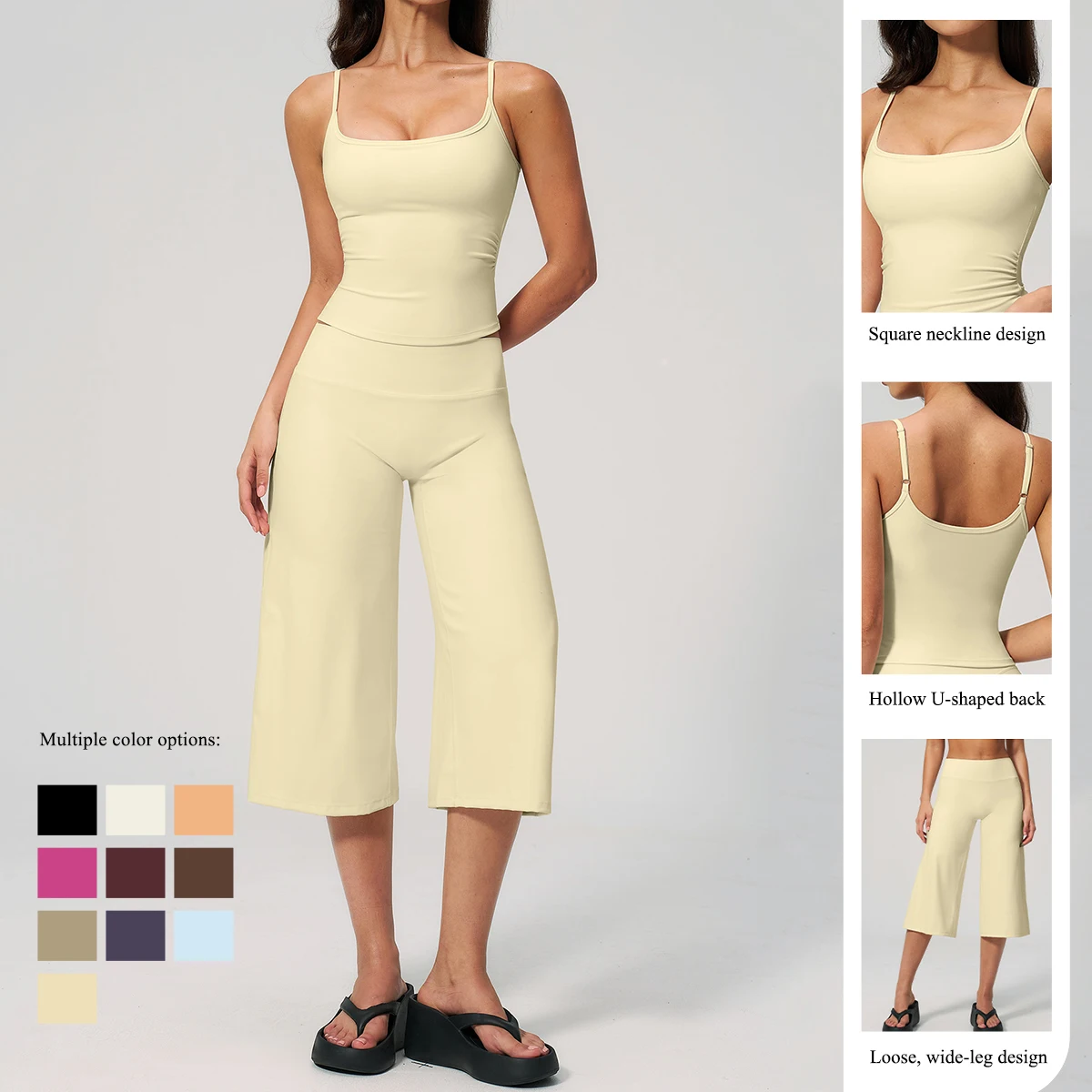 Hearuisavy 2Pcs Women Workout Set Shock Proof Push Up Yoga Vest High Waist Wide Leg Casual Capri Quick‑Dry Activewear Gym Suit - תמונה 3