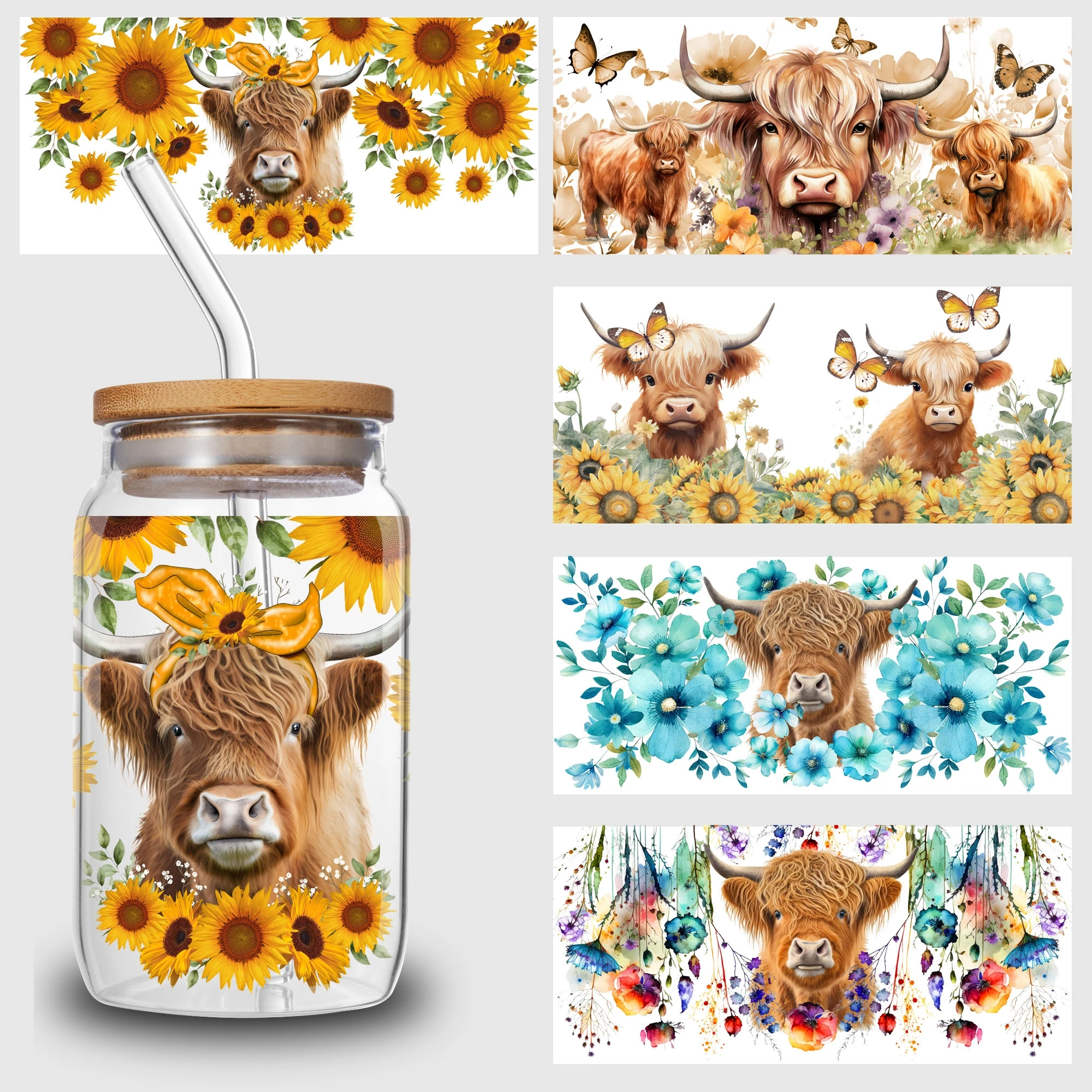 Highland Cow UV DTF Cup Stickers 5 Sheets DTF Transfer Stickers Waterproof Funny Cow Wipe-Off Transfer Paper for 16oz Glass