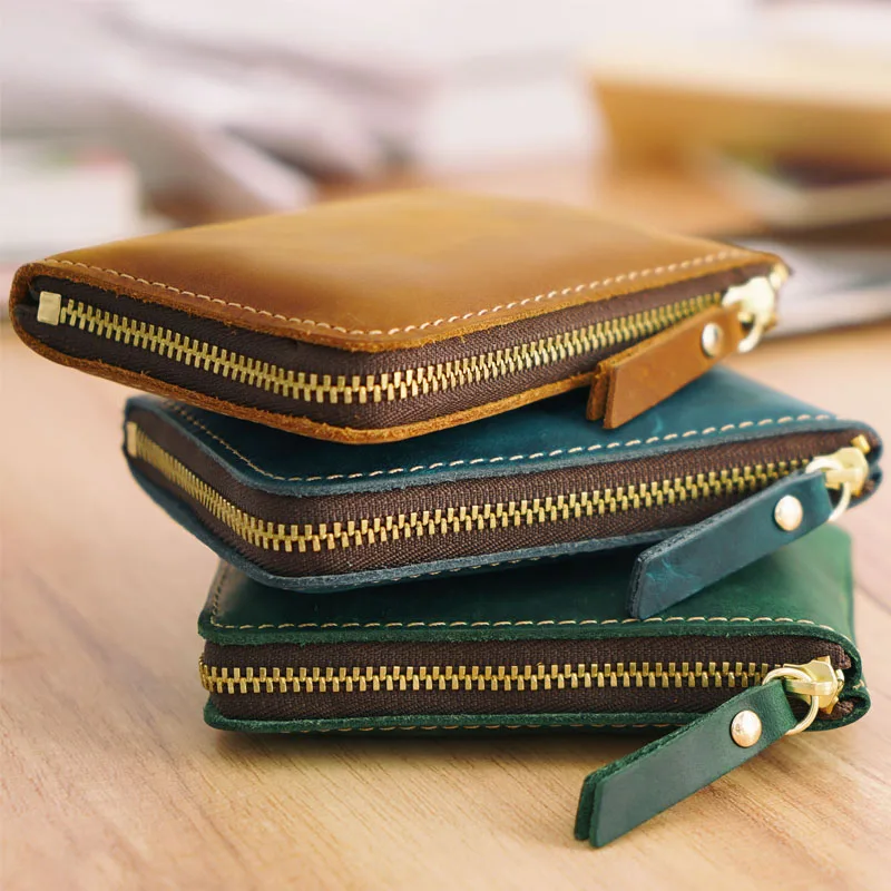 Simple Card Holder Handmade Leather Short Retro Crazy Horse Leather Zipper Wallet Top Layer Cowhide Wallet Card Holder