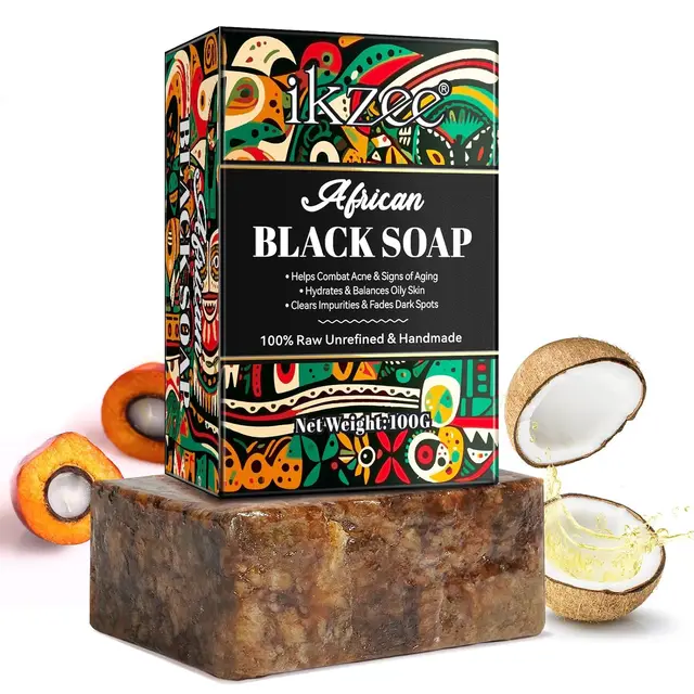 Savon noir africain biologique, savon africain pour l'acné et les taches foncées, barre de savon noir brut pour tous les types de peau visage, corps, cheveux, 3,53 oz 1
