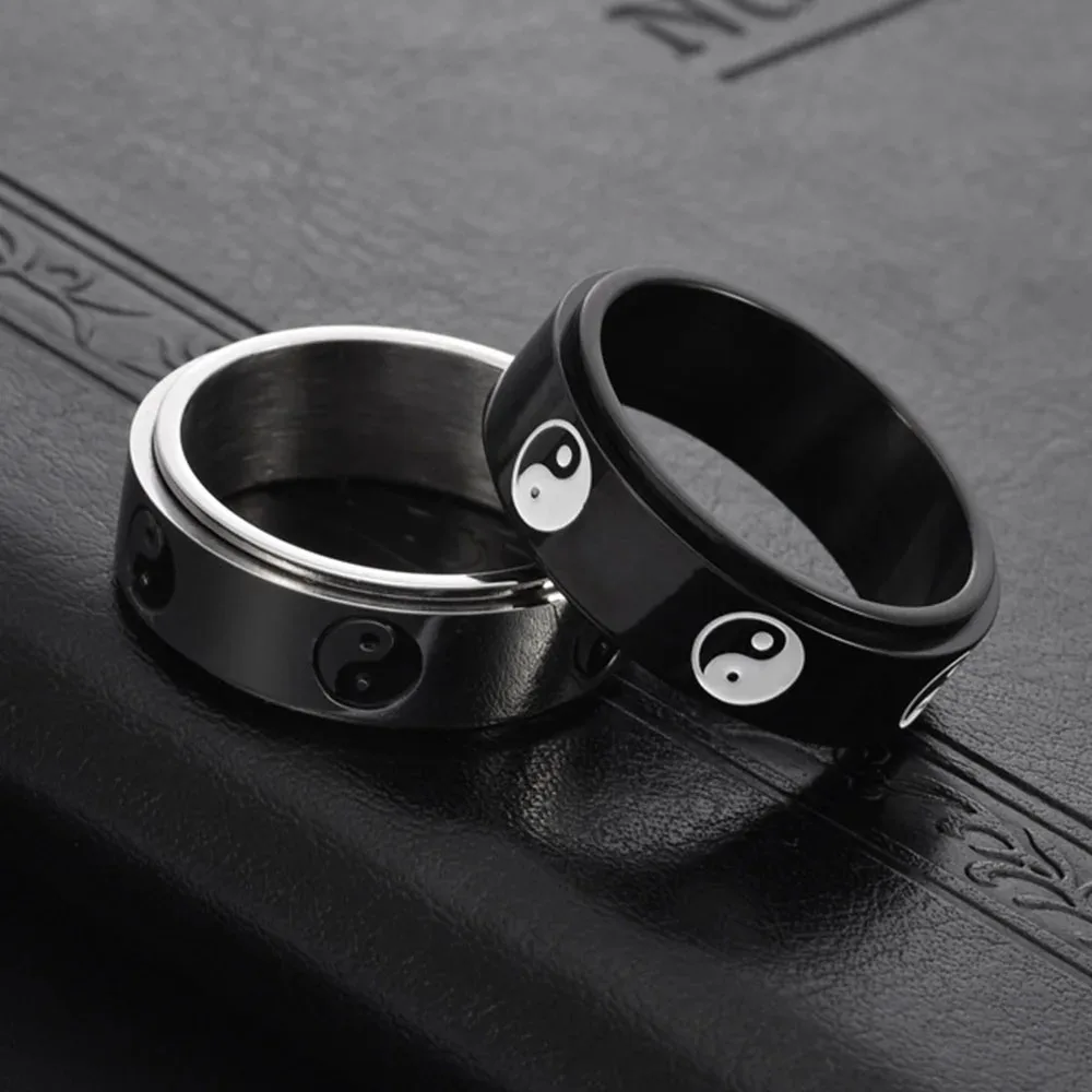 Titanium steel black and white Yin Yang Bagua rotatable ring personalized men's Tai Chi symbol rings 6