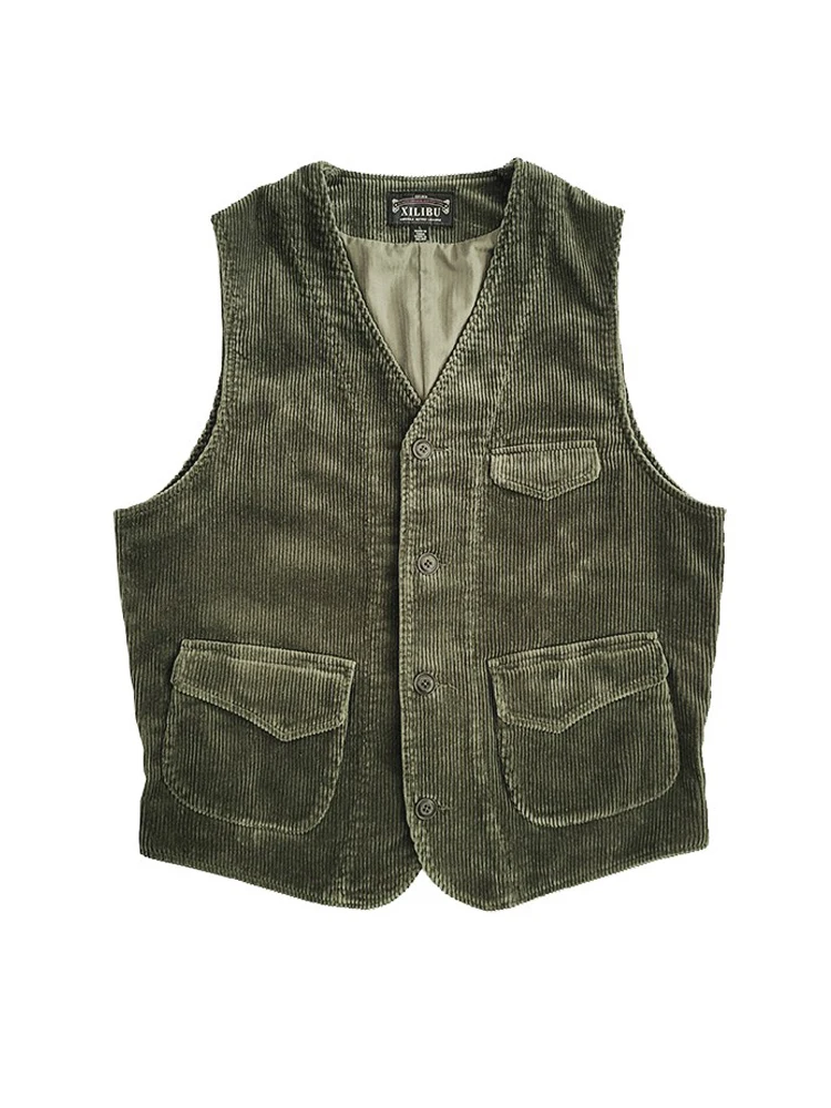 

Men's Amekaji Wear Clothes Olive Green American Vintage Cotton Corduroy Vest Casual Good Quality