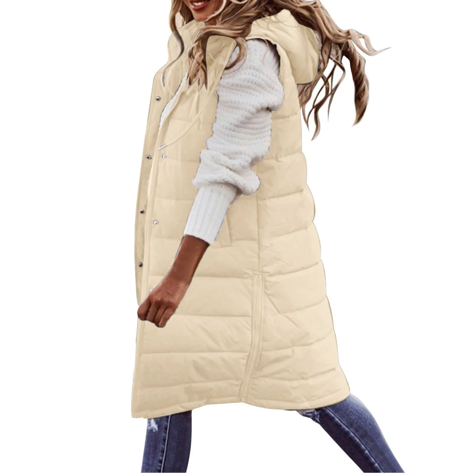 Description Picture 5 of itemLong Puffer Waistcoat Women Lightweight Single Breasted Solid Color Mid Length Cotton Padded Jacket With Pockets Sleeveless Vest