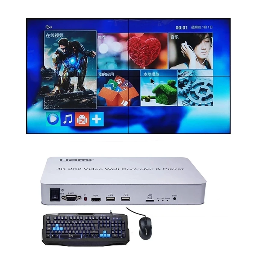 4K 2x2 HDMI 비디오 월 컨트롤러 TV 월 프로세서 4 화면 스티칭 베젤 보정 180도 회전 KVM USB 마우스
