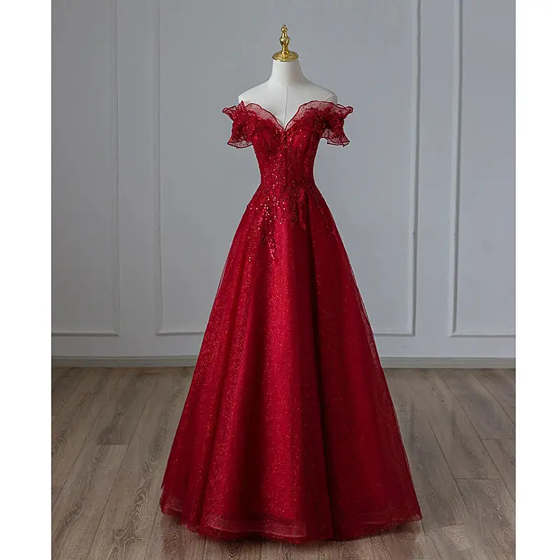 Wine off shoulder luxury long women princess banquet party ball prom dress performance gown