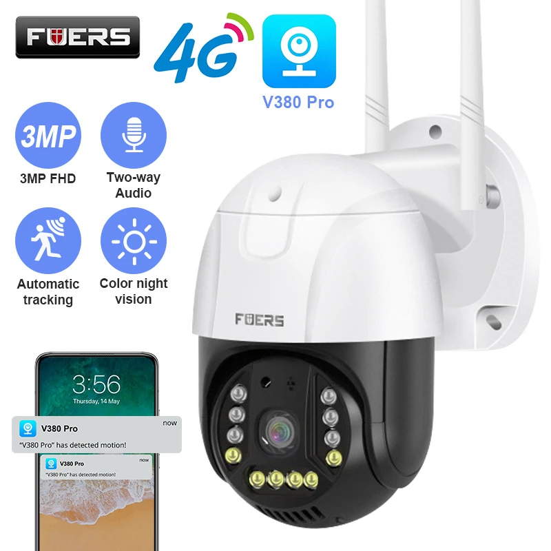 Fuers 4G LTE 3MP PTZ Camera Outdoor SIM Card Security Camera CCTV Surveillance Color Night