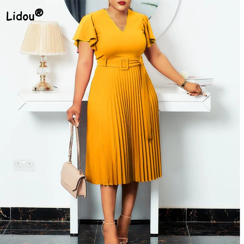 

Summer Clothes for Women Fashion Solid Color V-Neck Loose Patchwork Ruffles Short Sleeve Elegant Plus Size Midi Pleated Dresses