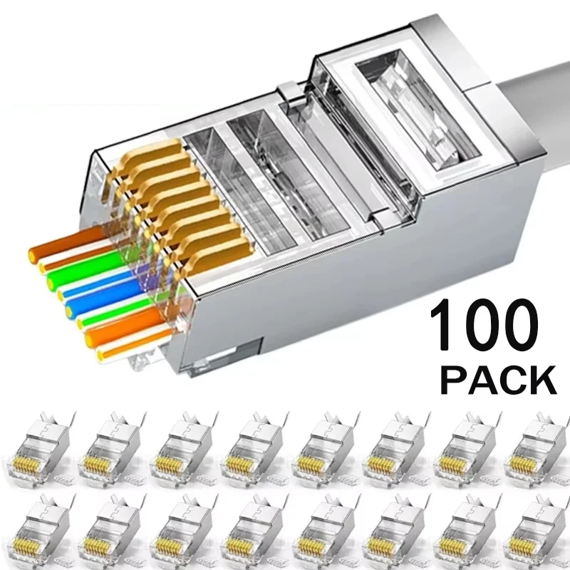 100Pcs RJ45 Cat6/Cat5/Cat5e Pass Through Shielded Connector Network ...