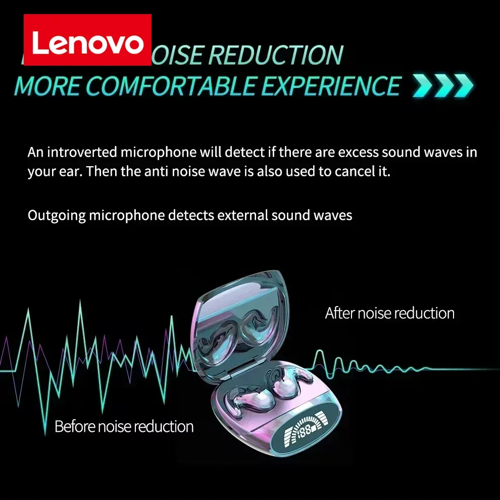 Lenovo Wireless Sports Bluetooth Headphones Highend Dual Ear Sleep In Ear with Mic Mini Noise-Cancelling Ultra-Slim Earphones