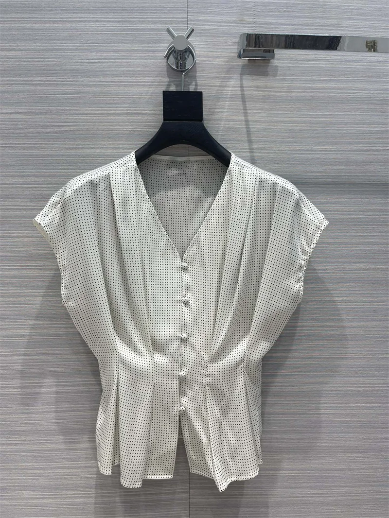 

2022 Summer Fashion High Quality Deep V Neck Polka Dot Silk Shirt for Women