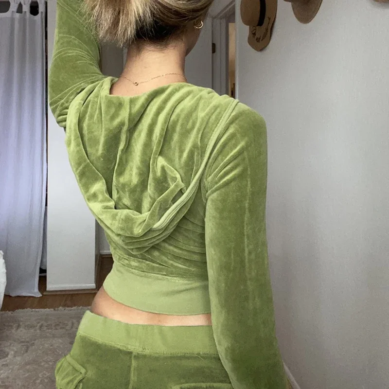 Velvet Hooded Jacket Women's Sweatshirt Harajuku Pocket Zipper Short Hoodie Beautiful Fashion Ladies Sports Casual Wear Vintage