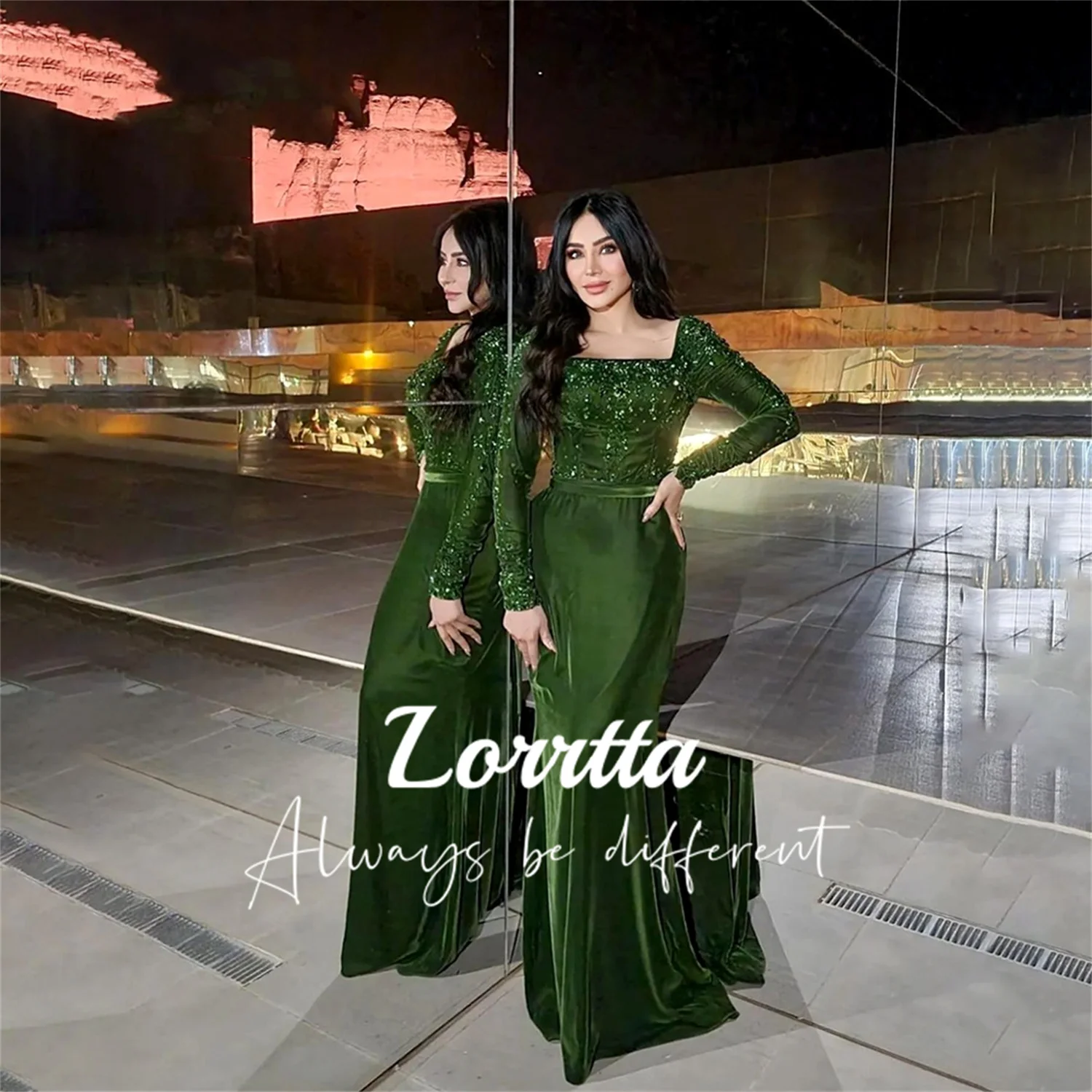 

Lorrtta Green Mermaid Evening Dreses Sequins Velvet Long Sleeve Square Neck Arabic Dubai Formal Evening Gowns Floor Length