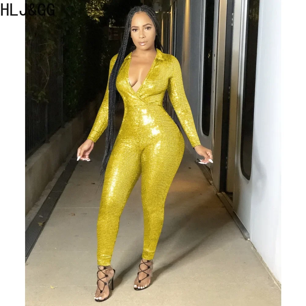 HLJ&GG Sexy Deep V Glossy Bodycon Party Nightclub Jumpsuits Women Long Sleeve Slim Playsuits Female Solid Color Overalls Clothes