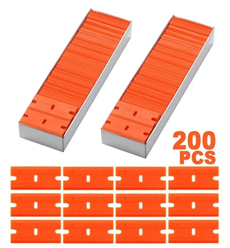 100 Stück zwei schneidende Kunststoff-Rasierklingenetiketten, sauberer Rasierer, Kleberentferner, Fensterglas, sauberer Schaber, Autoverpackung, Aufkleber, Rakel – Detail 1