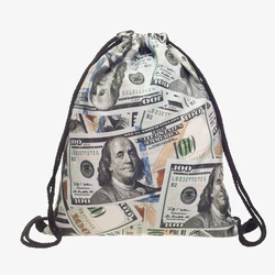 New 3D Printed Drawstring Bag Dollars Silver Fashion Mochila Cuerda Out Door Drawstring Backpack Women Men Modis String Bag Girl