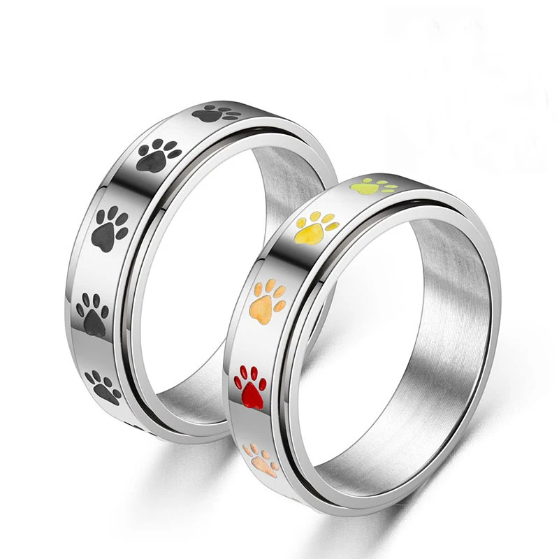 Stainless Steel Dog Cat Paw Style Ring Colorful Rotate Spinner