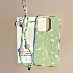 Crystal Clear Floral Cat Phone Case with Bead Chain - Matcha Green & White Light Design - iPhone 15 Plus (SMT3957 Color)
