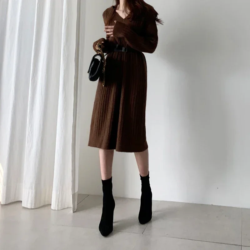 

2021 Autumn Sweater Winter Warm Long Sleeve Sweaters Knitted Dresses Women Loose Solid Elegant Mature Maxi Dress Knitting Robe