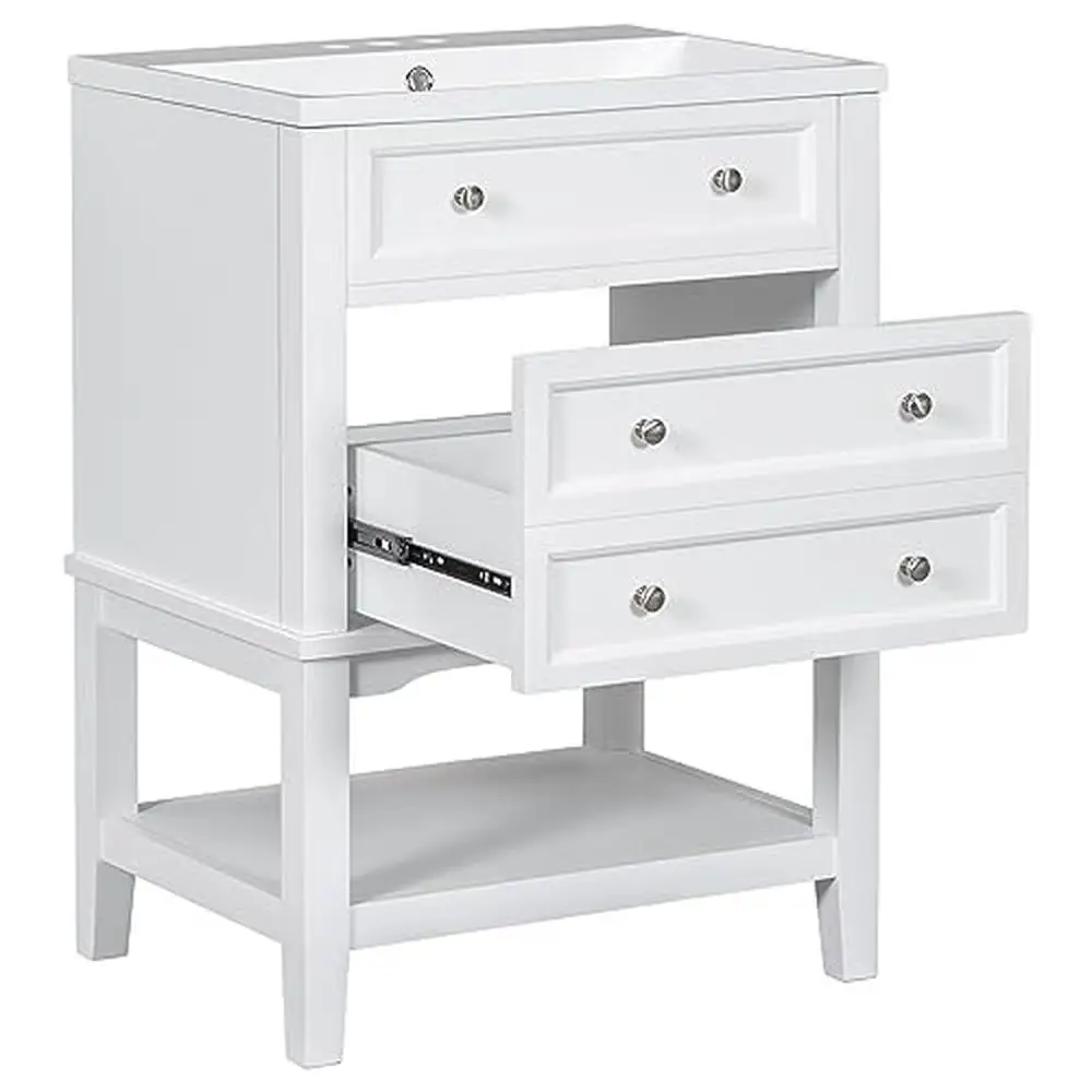 Description Picture 5 of item24" White Bathroom Vanity Set with Ceramic Sink Drawer Open Shelf Freestanding Cabinet Storage